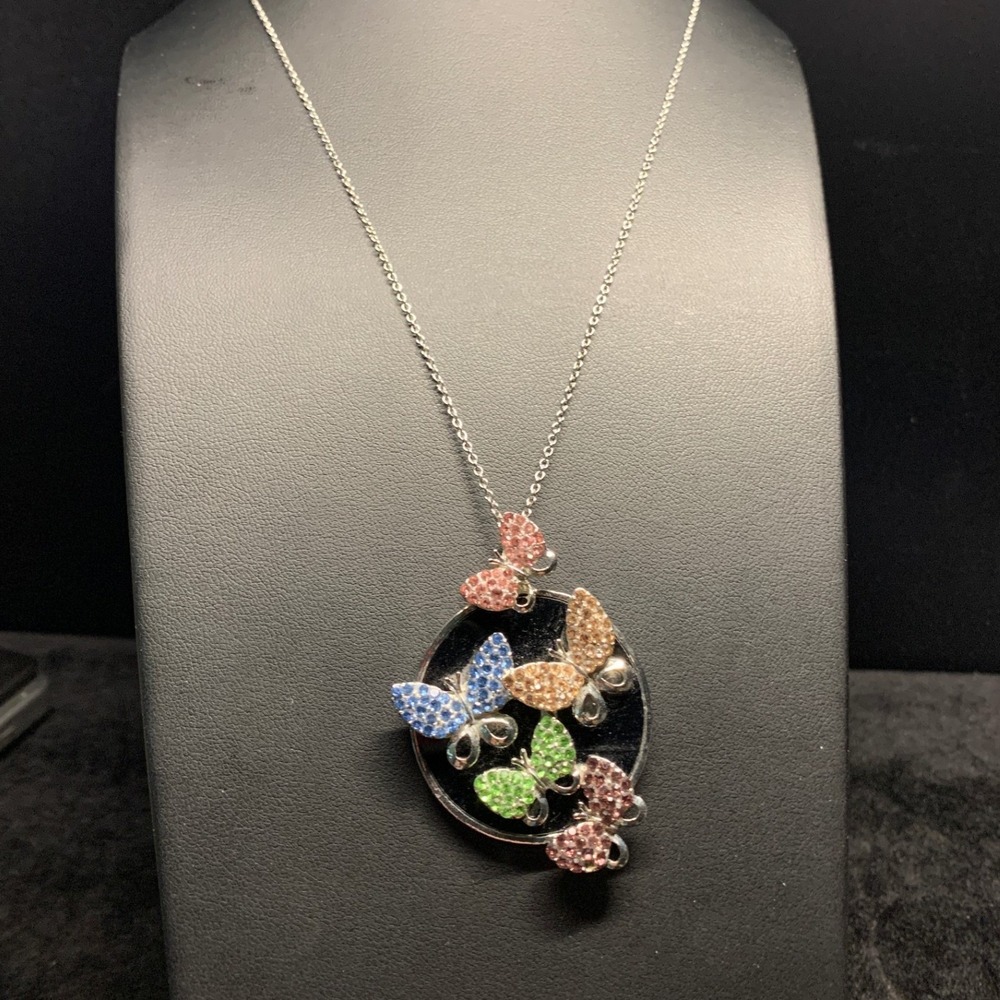 Silver Tone Butterfly Rhinestone Circle Pendant Necklace Multi Color Crystals